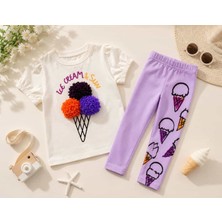 Lolli Boom Kids Kız Çocuk 3D Ice Cream  Kabartma Işlemeli T-Shirt Tayt Takım