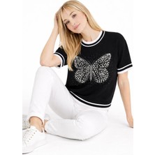 zerelle collection Kadın Kelebek Desenli Inci ve Taş Detaylı T-Shirt