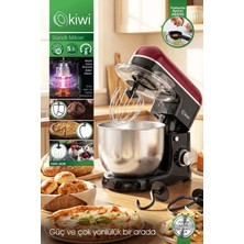 Kiwi Hamur Yoğurma & Stand Mikser 5,3 Lt 1300W 8 Hız Kademeli Mutfak Şefi, 3 Başlıklı  Kırmızı