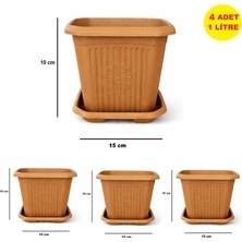 Demet Home Demet Home 4 Adet Plastik Kare Saksı Bahçe Balkon Salon Çiçek Dekorasyon Saksısı Mini Tabaklı 1 litre Saksı 15*15*11 cm