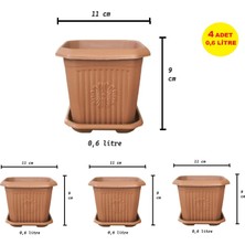 Demet Home 4 Adet Plastik Kare Mini Boy Saksı Bahçe Balkon Salon Dekoratif Çiçek Saksısı Tabaklı 0,6 Litre