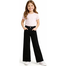 İrem Çocuk Giyim Kız Çocuk Geniş Paça Model Çift Düğme Detaylı Fermuar Kapamalı Eskitme Desenli Siyah Renk Kot Pantolon