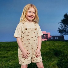 Minipeak Kids La'ciel Paris %100 Pamuklu Bej Ayıcık Desenli Salopet Set (Tişört Dahil)