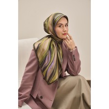 Silk Home Twill Ipek Eşarp Kıvrımlı Şerit Yeşil Bej 90X90