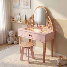 Çocuk Makyaj Masası LED Işıklı Ahşap Tabureli Pembe