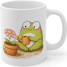 Tişört Kodu Sevimli Kurbağa Çiçek Sulama Porselen Kupa | Cute Frog Mug | Motivasyon & Hediye Kupası