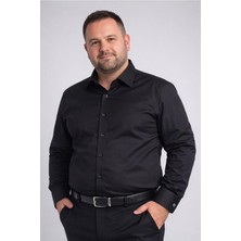 Dicotto Siyah Ekstra Büyük Yaka 4 Drop Rahat Kesim Micro Kumaş Kol Düğmeli Regular Fit Erkek Gömlek // 189-6