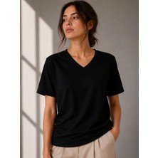 Efnaz Style V Yaka Basic Tişört Kısa Kol Yazlık Regular Fit T-Shirt - Siyah