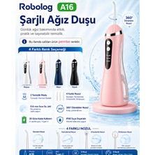 Robolog Ağız Duşu Premium Şarj Edilebilir 4 Başlıklı Taşınabilir Diş Protez Ağız Bakım Temizleme A16-3 Pembe