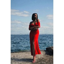 Caddebostan Moda Kırmızı Düz Viskon Derin Yırtmaç Elbise Modern Premium Luxury Trend Tasarım Elbise