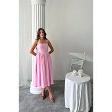 Caddebostan Moda Boyundan Bağlamalı Keten Elbise Retro Model Kloş Kesim Midi Boy Yazlık Elbise