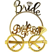 MarkEntegra Bride Yazılı Taç ve Bride To Be Yazılı Gözlük Seti Altın Renk