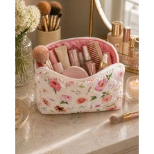 Nartella Pembe Çiçek Desenli Kapitoneli Kozmetik ve Makyaj Çantası Büyük Boy Organizer Astarlı Elyaf Dolgulu