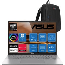 Asus Vivobook S14 OLED M3407KA Amd Ryzen Aı 7 350 8gb Ram Ddr5  1tb SSD 14INC Amd Radeon™ Graphics Wuxga (1920 x 1200) OLED 0.2ms 300NITS WINDOWS11 Taşınabilir Bilgisayar  SF046W&CIMETEÇANTA