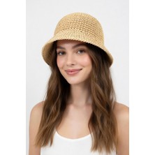 Mollycrush Kadın Camel Hasır Örgü Bucket | Bohem Stil Plaj ve Güneş Şapkası