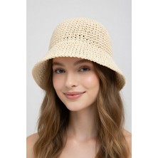 Mollycrush Kadın Bej Hasır Örgü Bucket | Bohem Stil Plaj ve Güneş Şapkası