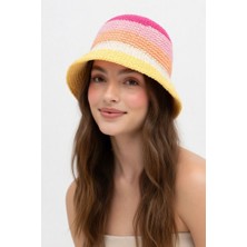Mollycrush Kadın Pembe Geçişli Hasır Örgü Bucket Bohem Stil Plaj ve Güneş Şapkası