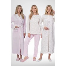 Mecit Pijama Mecit 6384 Pembe Büyük Beden Kadın Sabahlık Pijama ve Uzun Kollu Gecelik Set