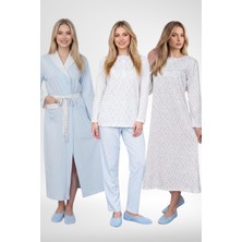 Mecit Pijama Mecit 6384 Mavi Büyük Beden Kadın Sabahlık Pijama ve Uzun Kollu Gecelik Set