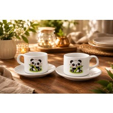 Tediks 2 Kişilik Panda Desenli Porselen Kahve ve Çay Fincanı Seti – Tabaklı ve Kaşıklı Türk Kahvesi Sunum Seti