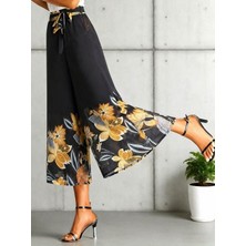 Cotton Lab Cottonlab Kadın Yüksel Bel Belinde Kuşak Detaylı Çiçek Baskılı Astarlı Şifon Pantolon