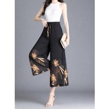 Gacha Kadın Yüksel Bel Belinde Kuşak Detaylı Çiçek Baskılı Astarlı Şifon Pantolon