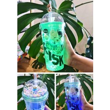 Marsilyan Risk Ayıcık Suluk Pipetli Buzlu Cam Görünümlü LED Işıklı 450 ml Çift Katman Mika 2768 Yeşil