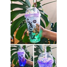 Marsilyan Challange Ayıcık Suluk Pipetli Buzlu Cam Görünümlü LED Işıklı 450 ml Çift Katman Mika 2768 Mor