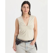 Ayma Active Kadın Krem Twist Bluz - EcoVero™ Viskoz, Önde Burgu Detaylı, V Yaka, Çift Kat Ön, Düşük Omuzlu Rahat Bluz