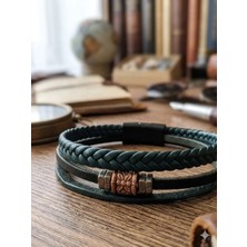 Lia Charm Erkek Üç Katlı Örgülü Metal ve Deri Detaylı Mıknatıslı Bileklik