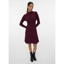 Vero Moda Bordo Kadın Bisiklet Yaka Fitilli Desenli Elbise Vmnancy Rıb Ls Funlnck Skater Dress
