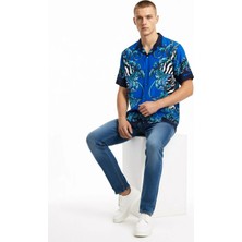 Versace Jeans Couture Mavi  Erkek Apaş Relaxed Karma Desenli Gömlek Mıx Zebra Barocco Shırt