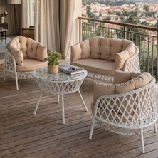 Canisa Viola Serisi 1. Sınıf 2+1+1 Beyaz Rattan Cappucino Minder Bahçe Balkon Oturma Koltuk Takımı