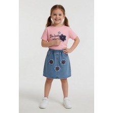 Cansın Mini Pembe Çiçek Nakışlı Taşlı Jean Etekli Badili Kız Çocuk 2li Takım 24049