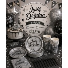 Dizayn Parti Evi Siyah Yazılı Gümüş Iyiki Doğdun 8 Kişilik Doğum Günü Parti Seti 8 Bardak 8 Tabak