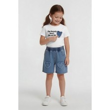 Cansın Mini Ekru Kalp Nakışlı Badili Jean Şortlu Kız Çocuk Takım  24054