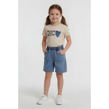 Cansın Mini Bej Kalp Nakışlı Badili Jean Şortlu Kız Çocuk Takım  24053