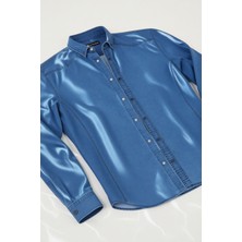 Enzim Jeans Erkek Yıkamalı Kot Gömlek Uzun Kol Buz Mavi Klasik Stil Düz Desen