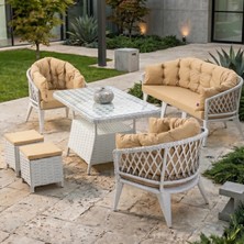 Canisa Liatris Serisi 1. Sınıf 3+1+1+2 Puf Beyaz Rattan Cappucino Minder Bahçe Balkon Oturma Koltuk Takımı