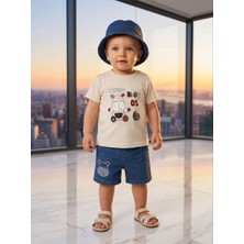 Lika&Nika Lıka.nıka Erkek Bebek 3'lü Yazlık Takım - %100 Pamuklu Tişört, Lastik Belli Denim Şort ve Şapka