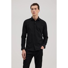 Jakamen Siyah Comfort Fit Klasik Yaka Kendinden Desenli Gömlek