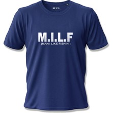 North Whiskers M.I.L.F (Man I Like Fishin') Esprili Balıkçı Baskılı %100 Pamuklu Unisex Lacivert Tişört