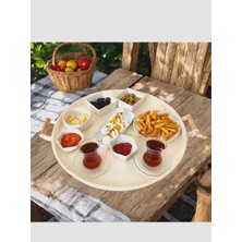 Ece Ev Modası Ahşap Kulplu 50 cm Yuvarlak Metal Tepsi Kahvaltı Çay Kahve Sunum Tepsisi
