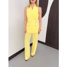 Vess Moda Kruvaze Yaka Gold Düğmeli Yelek Pantolon Takım