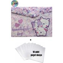 Glanart A4 Boy Çıt Çıt  Ödev Dosyası +10\' Lu Poşet Dosya  Kedicikler Lila