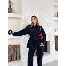 Vess Moda Kadın Bağlamalı Lacivert Ceket Pantolon Denim Takım