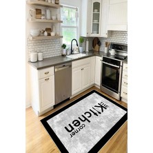 Pelura Halı Kitchen Yazılı Gri Çerçeve Desenli Baskılı Kaymaz Yıkanabilir Mutfak Halısı Yolluk