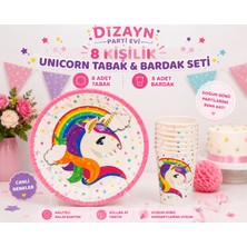 Dizayn Parti Evi Unicorn Temalı 8 Kişilik Parti Seti Tabak ve Bardak Seti Renkli Doğum Günü Konsepti
