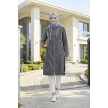 Harma Time Butik Kadın Kapüşonlu Fermuarlı Cepli Gri  Kot Kap