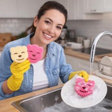 Skygo Çift Taraflı Bulaşık Süngeri, Gülen Kedi Yüz Ovucu Dayanıklı Sünger, Scrub And Sponge - 2'li Paket